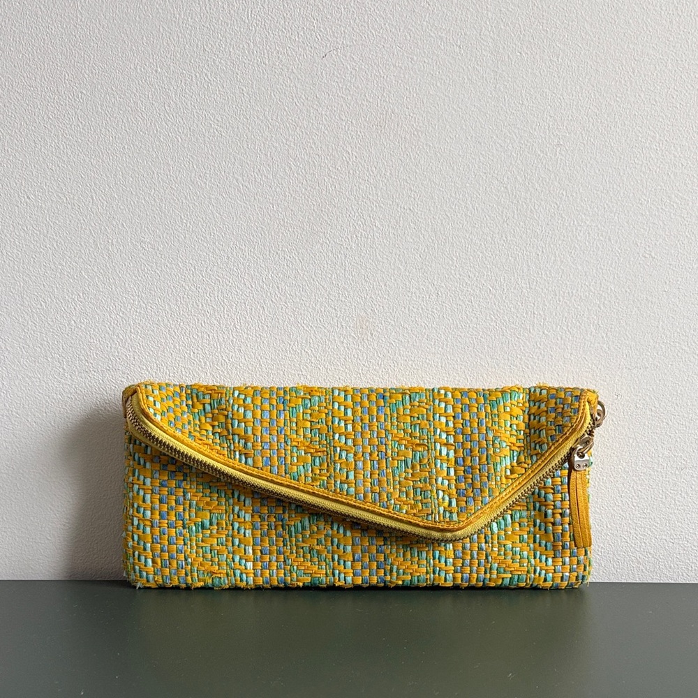 Henri Bendel Yellow and Blue Woven Clutch